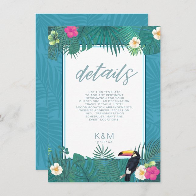 Cartão De Informações Aquarela Detalhes de Casamento Tropical Teal ID577 (Frente/Verso)