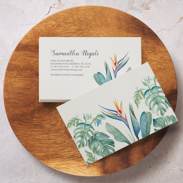 Cartão De Informações Aquarela Floral Tropical e Negócios de Folhagens (Tropical business card with watercolor bird of paradise and palm leaves)