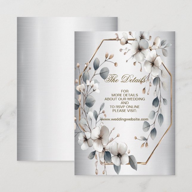 Cartão De Informações Aquarela Flores Brancas Moldura Dourada Teal Prata (Frente/Verso)