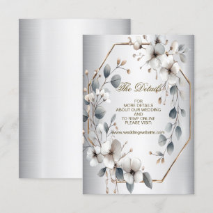 Cartão De Informações Aquarela Flores Brancas Moldura Dourada Teal Prata