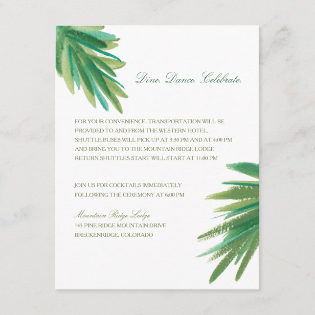 Cartão De Informações Aquarela Pine Woods | Recepção de Casamento (Frente)