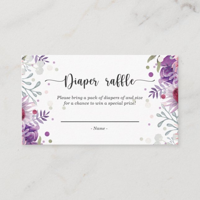Cartão De Informações Aquarela Rosa Floral e Lila Fralda Raffle (Frente)