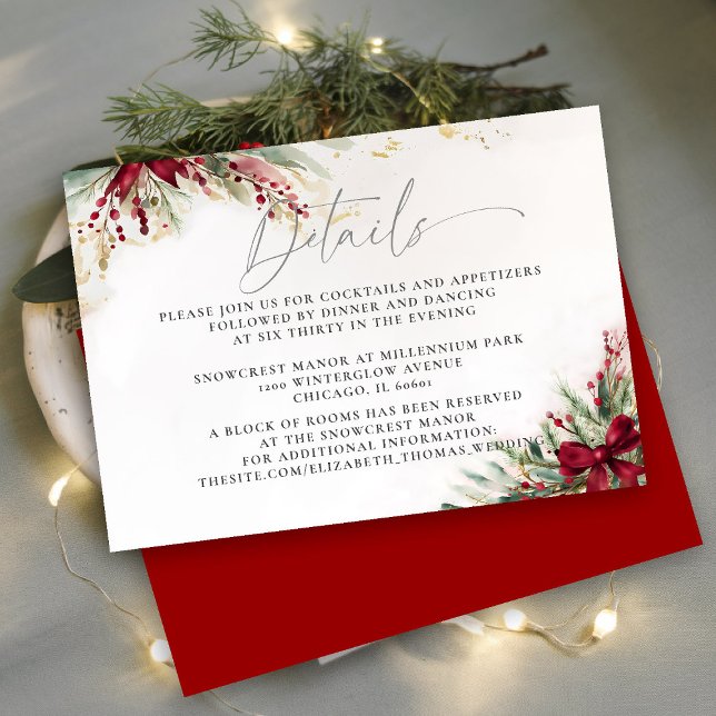 Cartão De Informações Arco de Natal Folhagem de Inverno Detalhes Vermelh (winter wedding details enclosure christmas bow greenery berries watercolor elegant calligraphy)