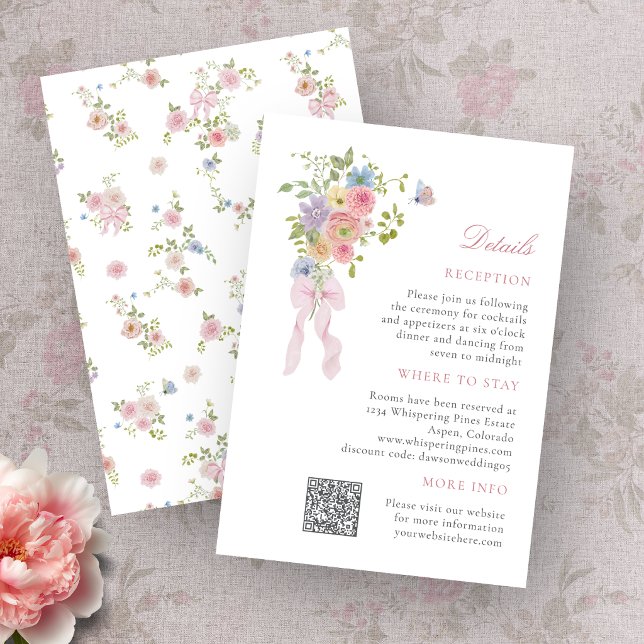 Cartão De Informações Arcos e Flores Silvestres (Bows and Wildflowers Enclosure Card with QR Code)