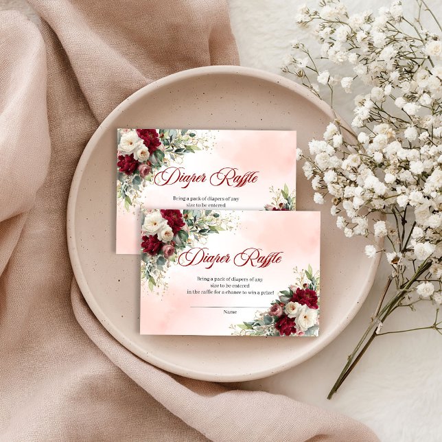 Cartão De Informações Arranjo rústico de flores de borgonha e eucalipto  (Rustic burgundy floral gold eucalyptus diaper raffle

)