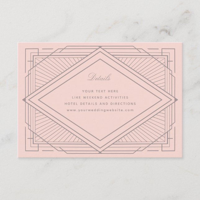 Cartão De Informações Art Deco Diamond Blush Casamento Rosa (Frente)