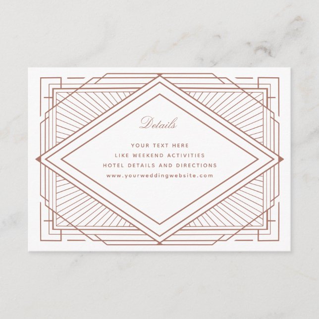 Cartão De Informações Art Deco Diamond White e Rosa Dourado Casamento (Frente)