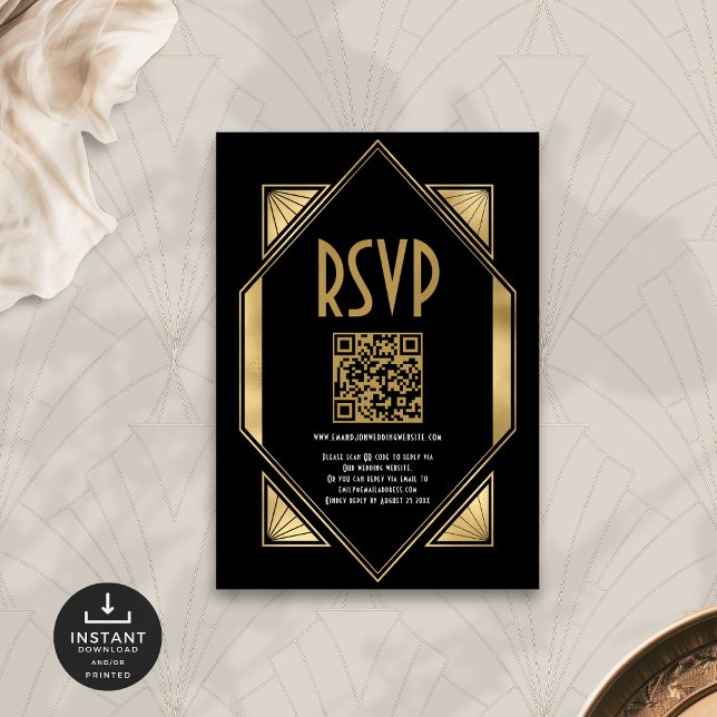 Cartão De Informações Art Deco Dourado Código QR Preto de Casamento RSVP (Criador carregado)