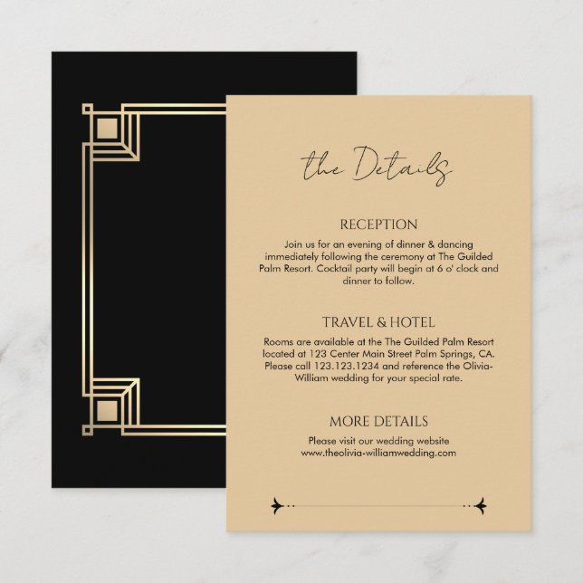 Cartão De Informações Art Deco Elegant Gold Frame Wedding Details (Frente/Verso)