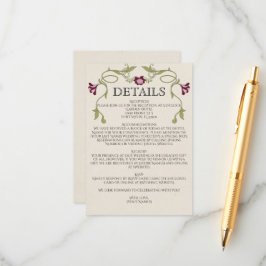 Cartão De Informações Art Nouveau Burgundy Pink Flowers Green Wedding