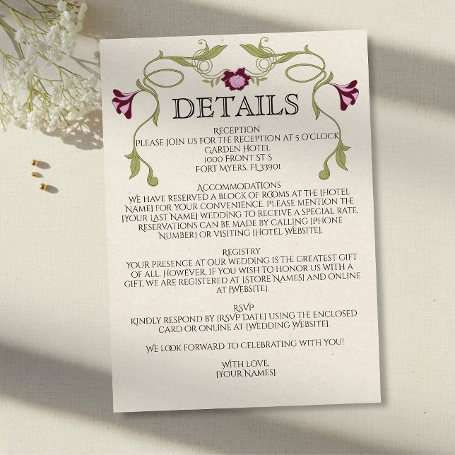 Cartão De Informações Art Nouveau Burgundy Pink Flowers Green Wedding (Criador carregado)