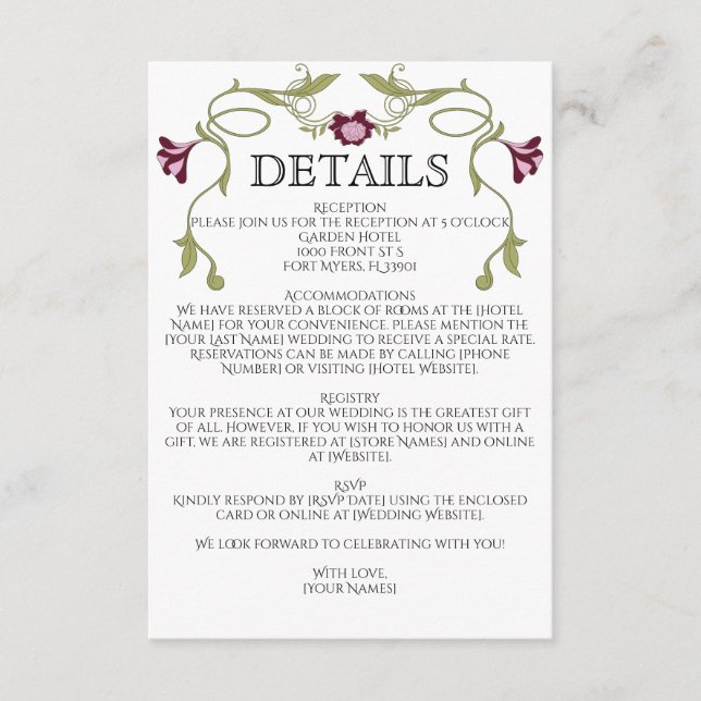 Cartão De Informações Art Nouveau Burgundy Pink Flowers Green Wedding (Frente)
