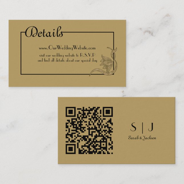 Cartão De Informações Art Nouveau Detalhes do Casamento Dourado e Preto  (Frente/Verso)
