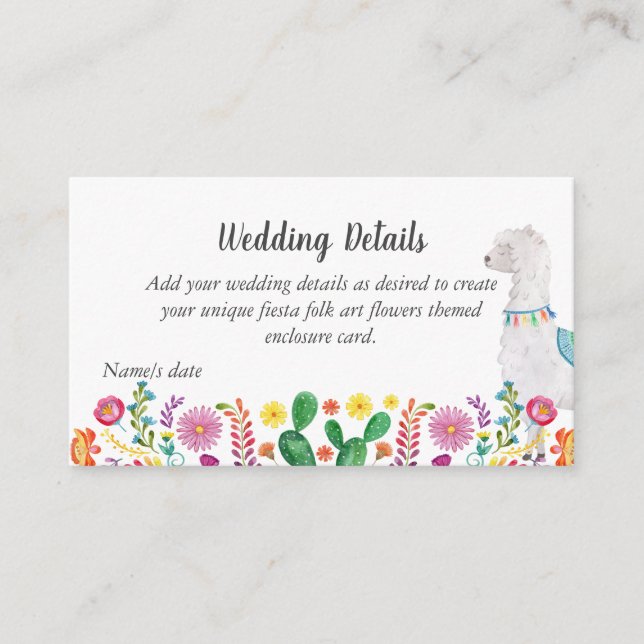 Cartão De Informações Arte Popular Fiesta Llama Floral Casamento Persona (Frente)