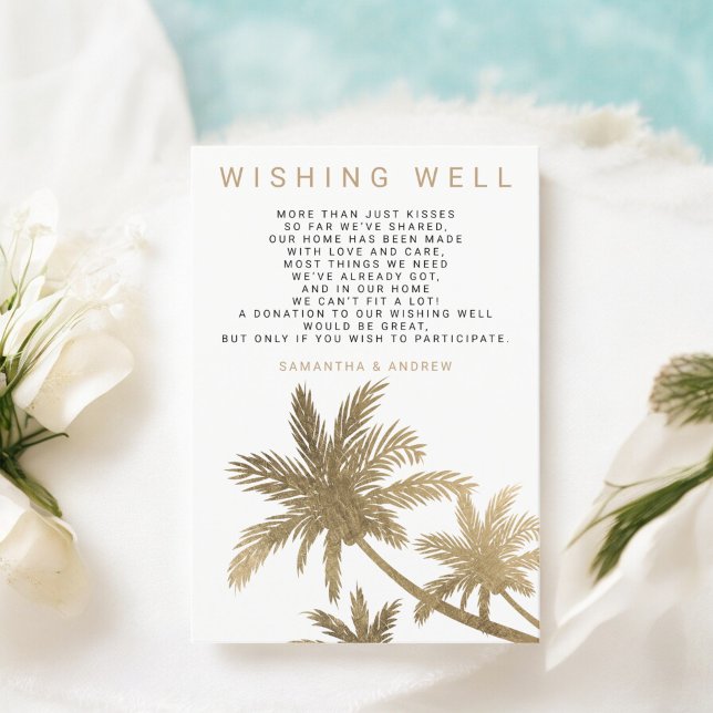 Cartão De Informações Árvores de palmeira modernas em dourado falso wish (Modern faux gold palm trees wishing well wedding enclosure card)