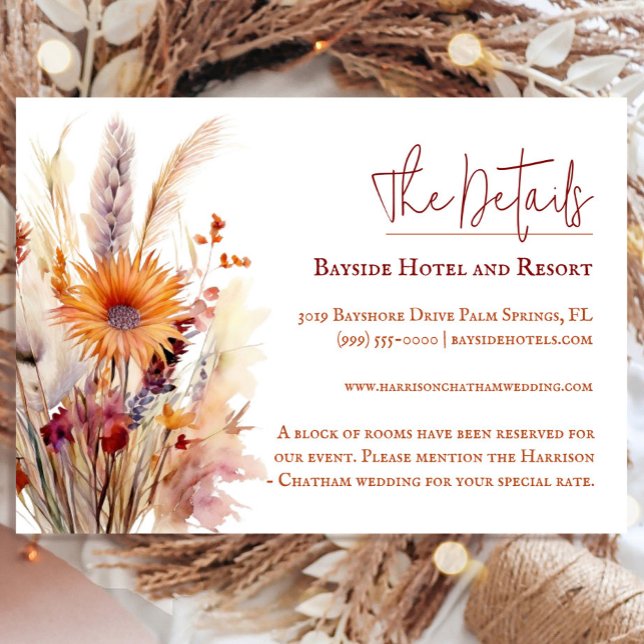 Cartão De Informações Autumn Boho Floral Wedding | Branco (Autumn Boho Floral White Wedding Enclosure Card)