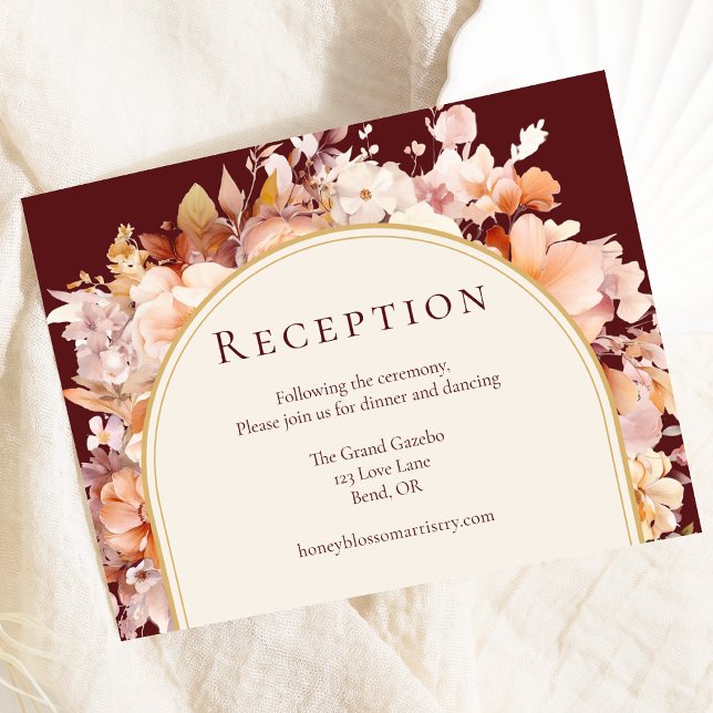 Cartão De Informações Autumn Floral Burgundy Cream Recepção de casamento (Criador carregado)