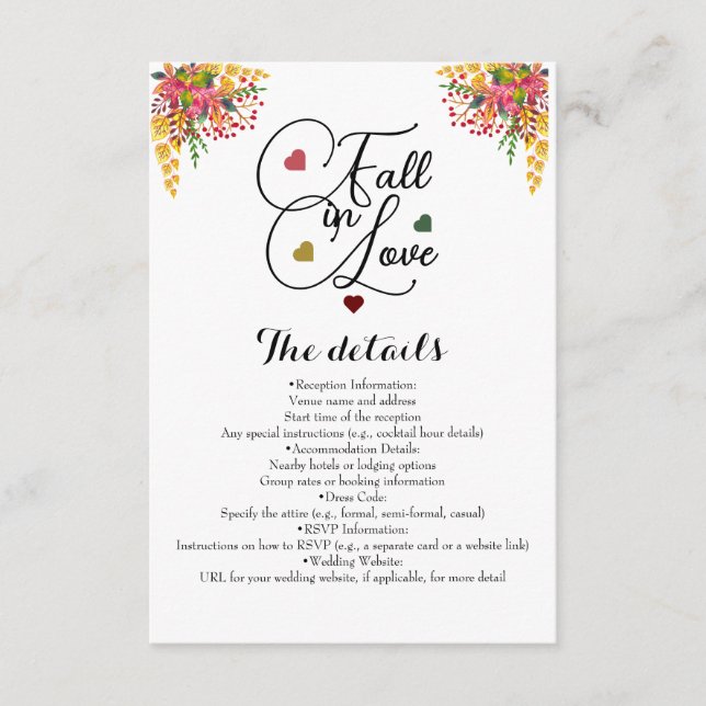 Cartão De Informações Autumn Floral Fall in Love Weding (Frente)