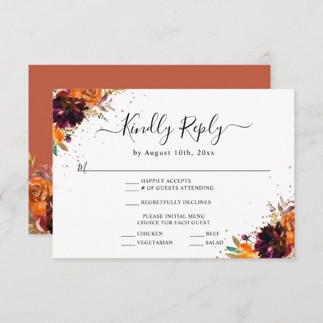Cartão De Informações Autumn Floral Teracotta Resposta Nupcial (Frente/Verso)