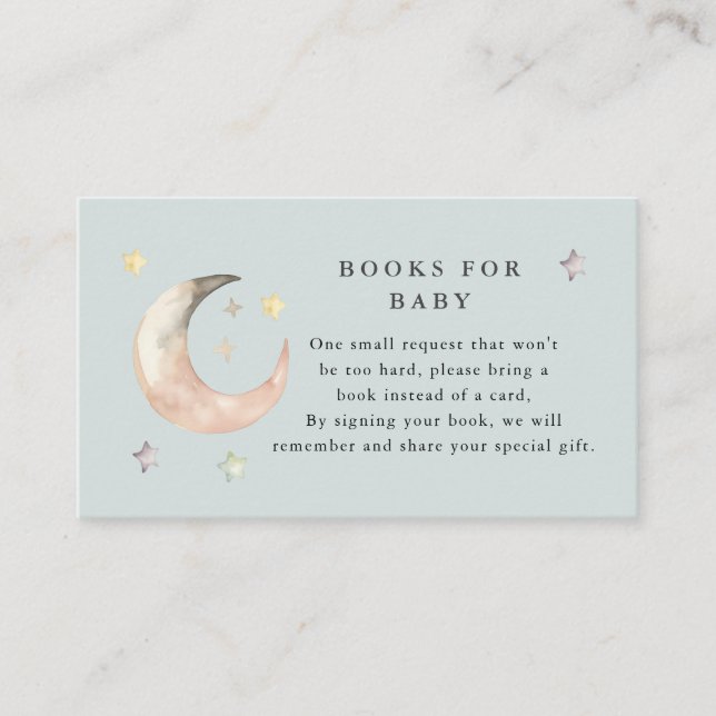 Cartão De Informações Azul Boho Encantada com a lua Pedido de livro Chás (Frente)