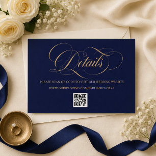 Cartão De Informações Azul Cobalto e Dourado Casamento Simples