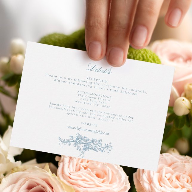 Cartão De Informações Azul Elegante Clássico e Toile Floral Branco (Criador carregado)