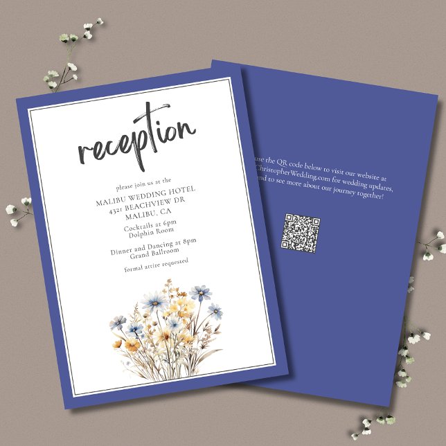 Cartão De Informações Azul Flores Selvagens Modernas Recepção Elegante (Blue Wildflowers Elegant Wedding Reception Enclosure Card, formal design with watercolor wildflowers)