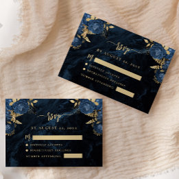 Cartão De Informações Azul Marinho Dourado Floral Ágata Script Casamento