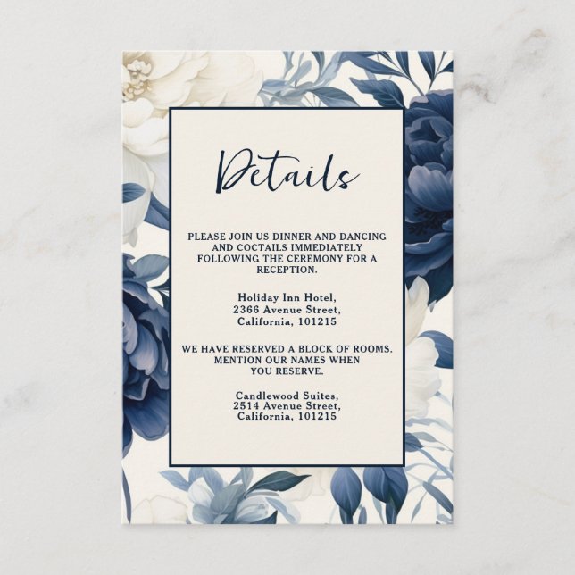 Cartão De Informações Azul naval empoeirado & floral aquarela branca (Frente)