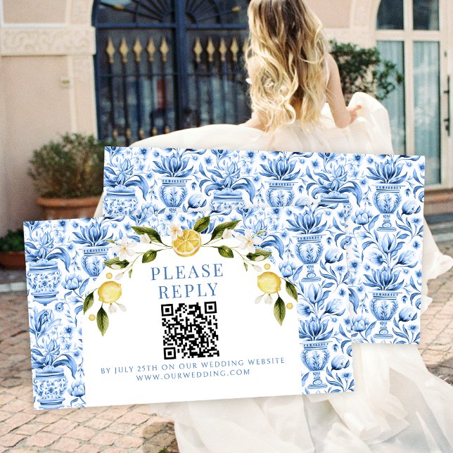 Cartão De Informações Azulejo azul limão Mediterrâneo casamento rsvp QR (Criador carregado)