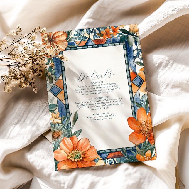 Cartão De Informações Azulejos Florais Modernos Azul e Branco (Criador carregado)