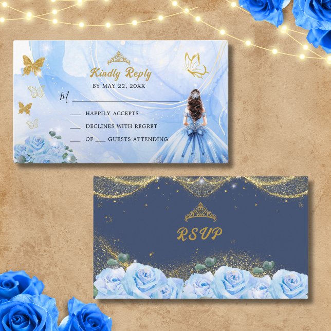 Cartão De Informações Baby Blue Dress Princess Glitter Quinceañera RSVP (Criador carregado)
