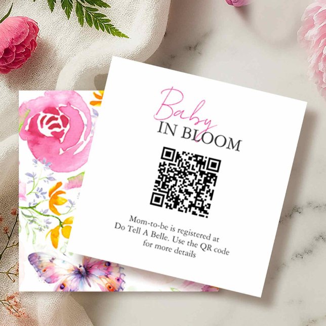 Cartão De Informações Baby In Bloom Floral Registry (QR code baby shower enclosure cards floral and butterfly watercolor theme Victoria Grigaliuans)