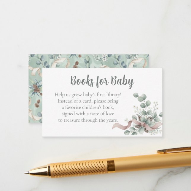 Cartão De Informações Baby Shower Book Request - Eucalyptus Ribbon (Frente/Verso In Situ)