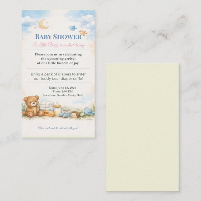 Cartão De Informações Baby Shower Invite | Teddy Bear Diaper Raffle (Frente/Verso)