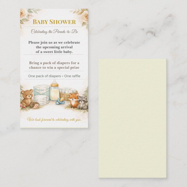 Cartão De Informações Baby Shower Invite | Woodland Diaper Raffle Card (Frente/Verso)