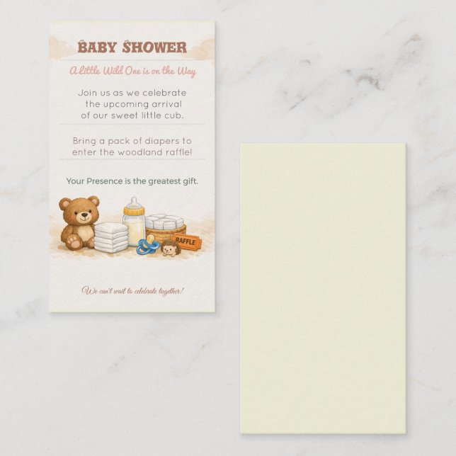 Cartão De Informações Baby Shower Invite | Woodland Diaper Raffle Card (Frente/Verso)