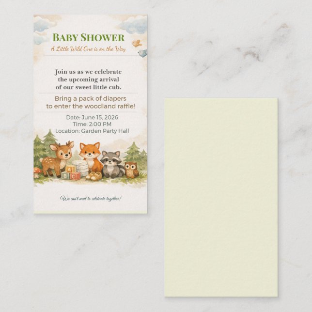 Cartão De Informações Baby Shower Invite | Woodland Diaper Raffle Card (Frente/Verso)