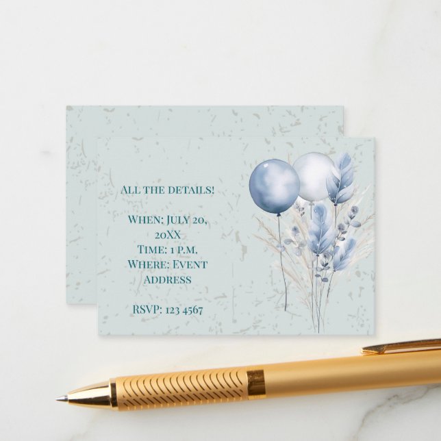 Cartão De Informações Balões Azuis de Boho e Fundo Padrão (Frente/Verso In Situ)