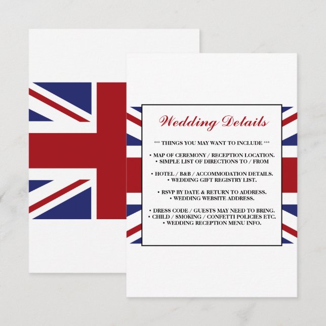 Cartão De Informações Bandeira Union Jack Detalhe Casamento Britânico (Frente/Verso)