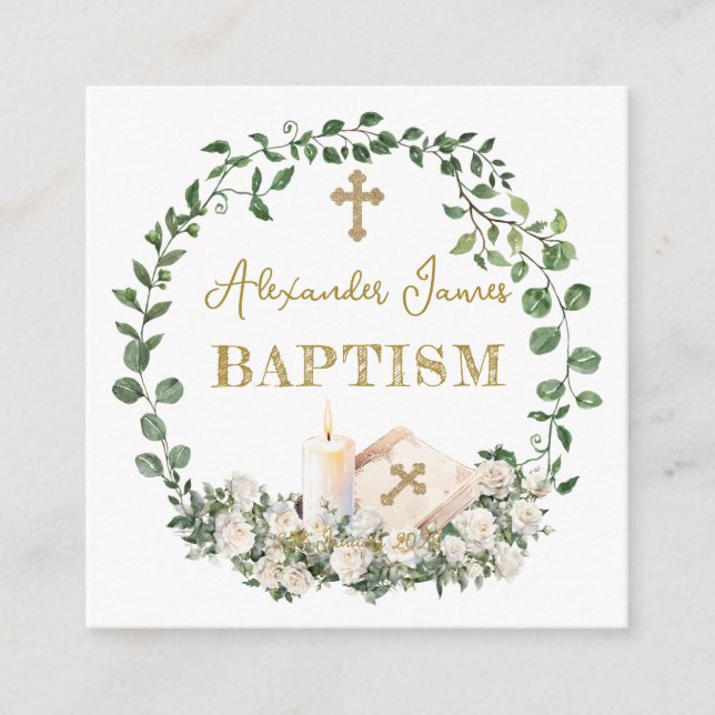 Cartão De Informações Baptism Eucalyptus Roses Cross  (Frente)