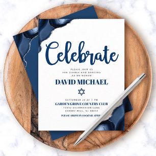 Cartão De Informações Bar Mitzvah Azul Marinho Ágata Moderno Script 