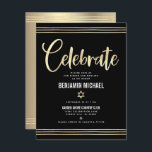 Cartão De Informações Bar Mitzvah Black Gold Foil Tallit Script Modern<br><div class="desc">Tenha orgulho, alegria e mostre este marco do seu Bar favorito Mitzvah! Inclua esta inserção impressionante, moderna e personalizada para obter informações adicionais sobre seu evento. Escrita gráfica de caligrafia de folha de ouro, Estrela de David, e linhas de talentos desenhadas à mão sobrepõem um fundo preto rico, dramático. Uma...</div>