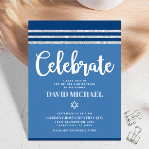 Cartão De Informações Bar Mitzvah Blue Silver Tallit Script Moderno Negr