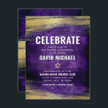 Cartão De Informações Bar Mitzvah Purple Gold Foil Bold Type Moderno<br><div class="desc">Tenha orgulho, alegria e mostre este marco do seu Bar favorito Mitzvah! Inclua esta inserção legal, exclusiva, moderna e personalizada para obter informações adicionais sobre seu evento. Traços de pincel de folha de ouro metálicos e Estrela de David, juntamente com tipografia branca e ousada, cobrem um fundo de cor de...</div>