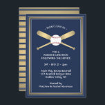 Cartão De Informações Bar Mitzvah Recepção Detalhes do Grupo Tema Baseba<br><div class="desc">Faça os convites de festa de aniversário azul e dourada ou bar mitzvah com cartões elegantes de receptáculo de tema de beisebol. Todo texto é simples de personalizar ou excluir conforme necessário. O cartão inclui todos os detalhes de celebração de sua escolha, como local da festa, data, hora, site, nomes...</div>