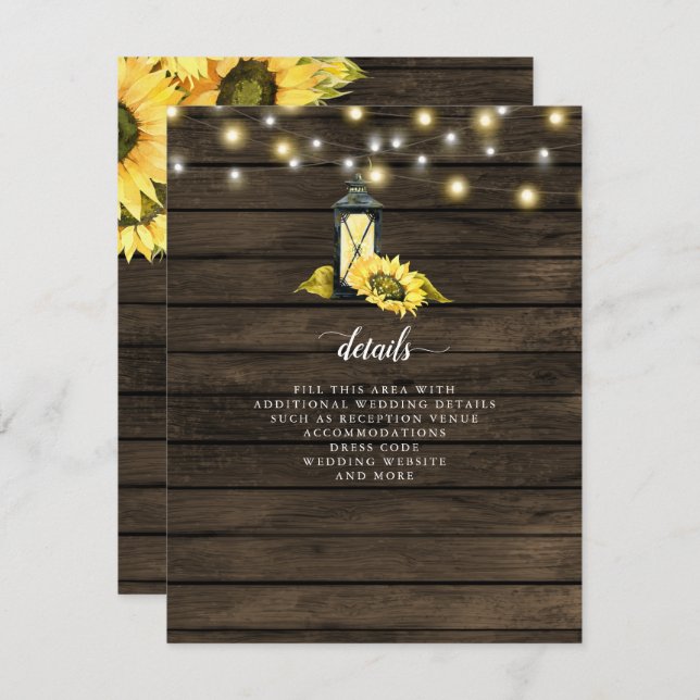 Cartão De Informações Barn Wood String Luzes Sunflower Casamento (Frente/Verso)