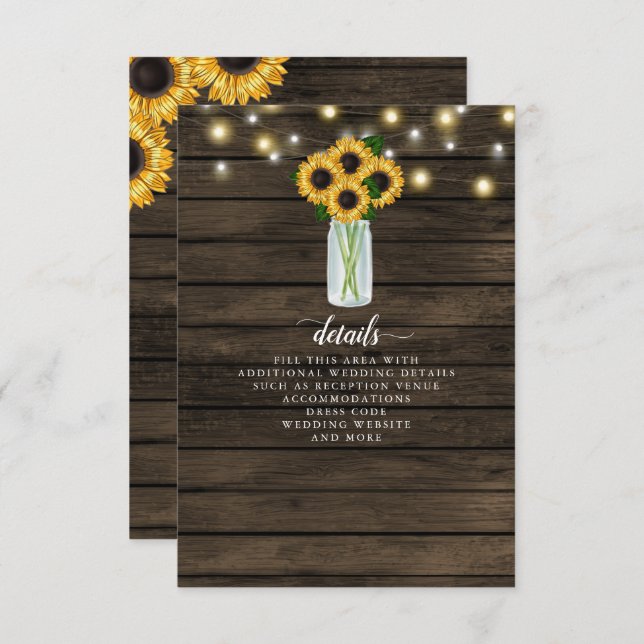 Cartão De Informações Barn Wood String Luzes Sunflower Casamento (Frente/Verso)