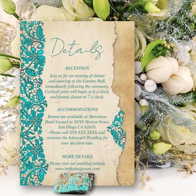 Cartão De Informações Baroque Turquoise Floral Lace Wedding  (Criador carregado)