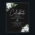 Cartão De Informações Bat Mitzvah Black Silver Script Watercolor Floral<br><div class="desc">Tenha orgulho, alegria e mostre este marco do seu Bat Mitzvah favorito! Inclua esta inserção moderna, discreta e personalizada para obter informações adicionais sobre seu evento. Uma aquarela floral brilhante, branca e falso prateada com falso grafismo de folha prateada e serif branca sobrepõe-se a um fundo preto dramático. Flores aquarelas...</div>